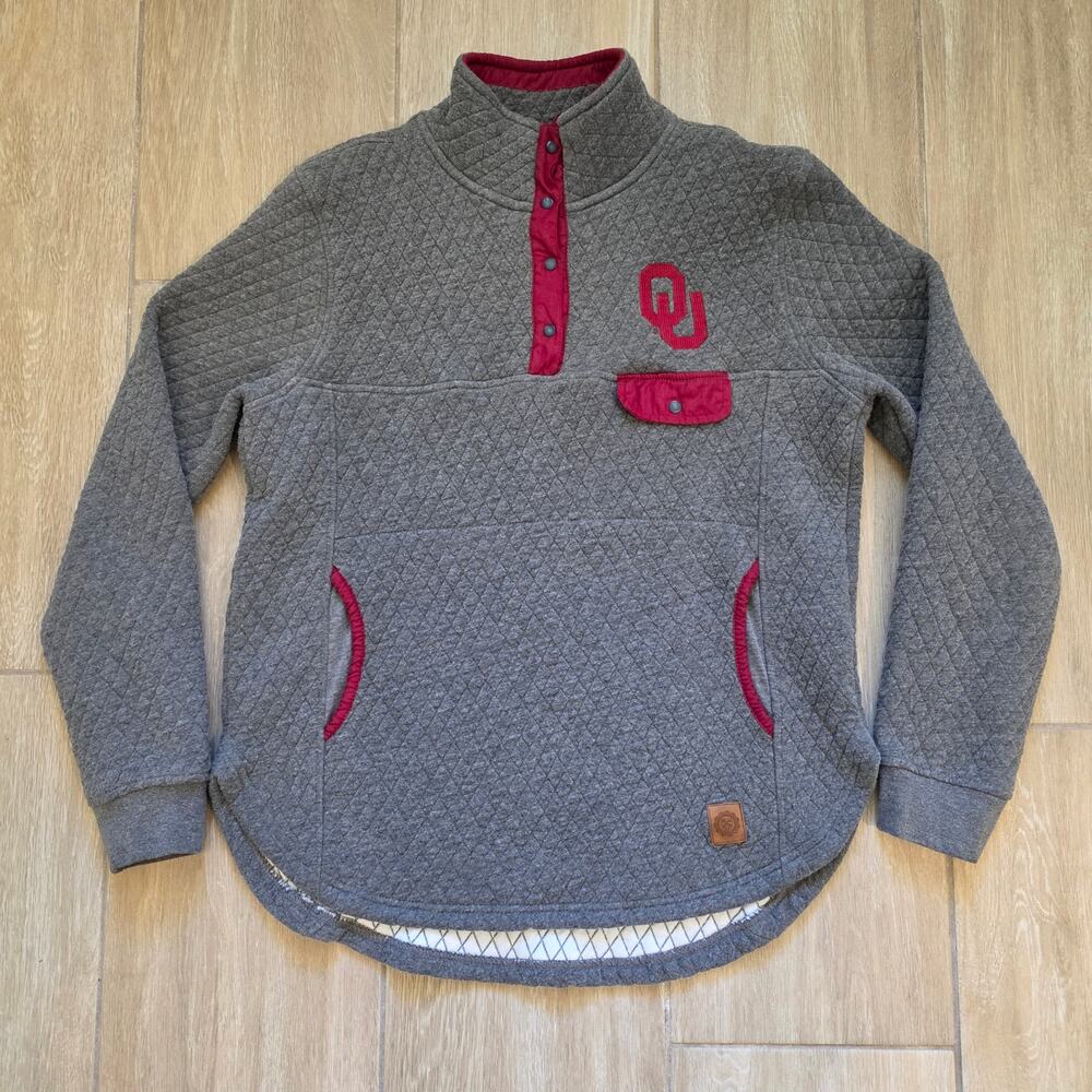Oklahoma Sooners Quilted Pullover Womens L Gray OU Football Snap Fleece